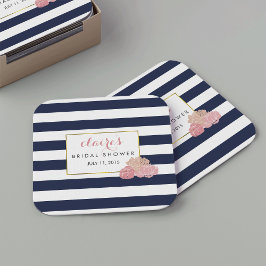 Posavasos Cuadrado De Papel Medianoche Rubor Peony Bridal Shower Coasters