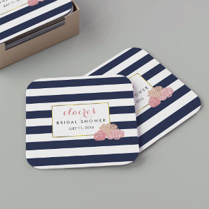 Posavasos Cuadrado De Papel Medianoche Rubor Peony Bridal Shower Coasters