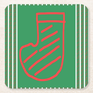 Posavasos Cuadrado De Papel Medias de Navidad rojas verdes sobre verde