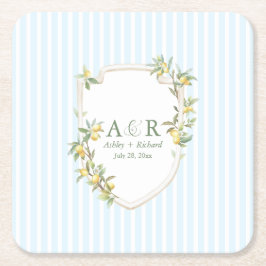 Posavasos Cuadrado De Papel Mediterranean Lemon Coastal Stripe Wedding