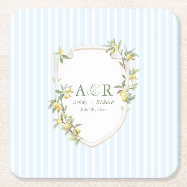 Posavasos Cuadrado De Papel Mediterranean Lemon Coastal Stripe Wedding (Anverso)