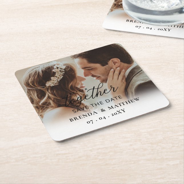 Posavasos Cuadrado De Papel Mejor Juntos Script Photo Save The Date (En perspectiva)