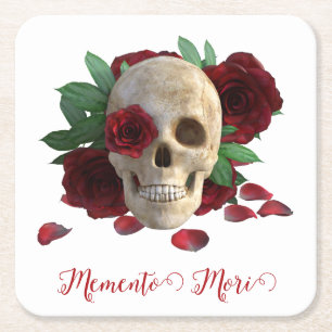 Posavasos Cuadrado De Papel Memento Mori. Cráneo con rosas rojas