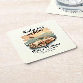 Posavasos Cuadrado De Papel Men's classic car desert sunset 50th Birthday