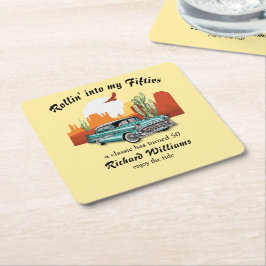 Posavasos Cuadrado De Papel Men's Retro Classic Blue Car Desert 50th Birthday