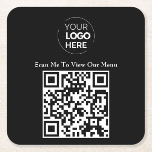 Posavasos Cuadrado De Papel Menú Código QR   Logotipo Negro sin contacto Moder