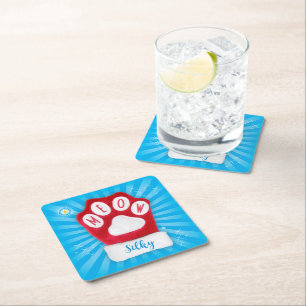 Posavasos Cuadrado De Papel MEOW Personaliza el nombre del gato Rojo Navidad S