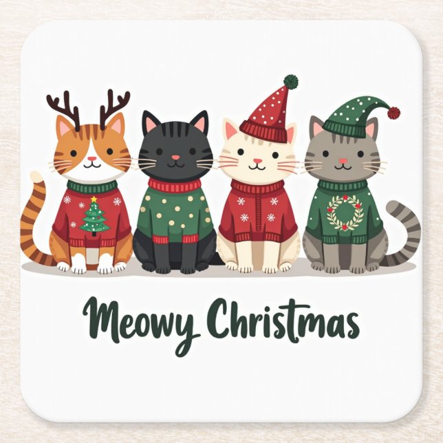 Posavasos Cuadrado De Papel Meowy Christmas Four Cats (Anverso)