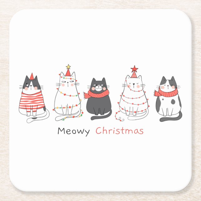 Posavasos Cuadrado De Papel Meowy Navidades Cats (Anverso)