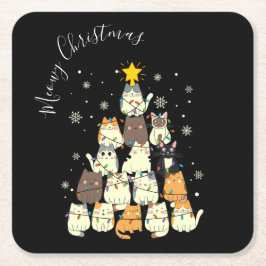 Posavasos Cuadrado De Papel Meowy Navidades Merry Cat Tree