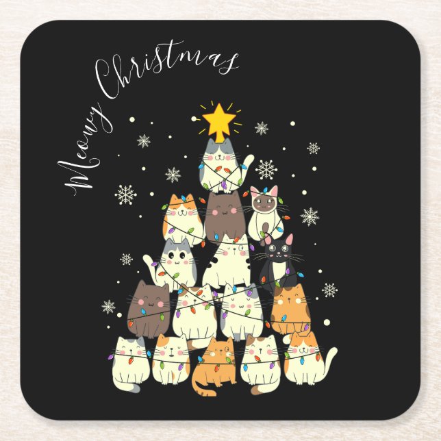Posavasos Cuadrado De Papel Meowy Navidades Merry Cat Tree (Anverso)