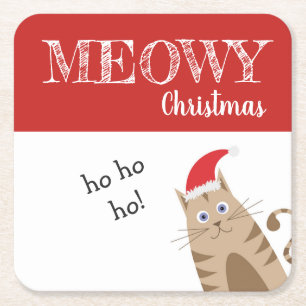 Posavasos Cuadrado De Papel Meowy Navidades santa cat divertido