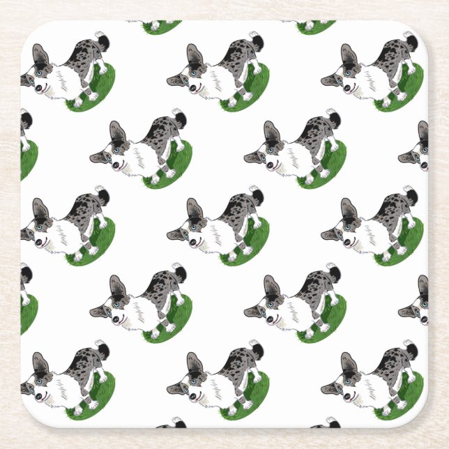 Posavasos Cuadrado De Papel Merle azul, Corgi Cardigan. (Anverso)
