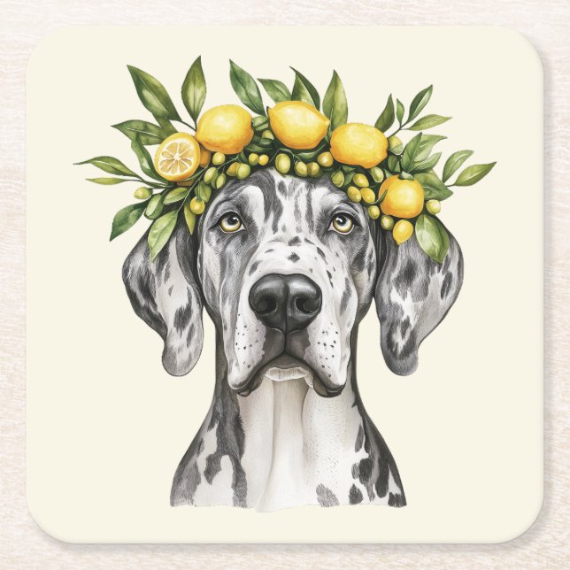 Posavasos Cuadrado De Papel Merle Great Dane Dog Lemon Crown (Anverso)
