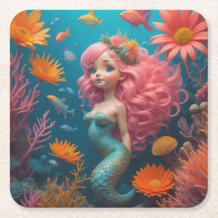 Posavasos Cuadrado De Papel Mermaid Cute Rosa