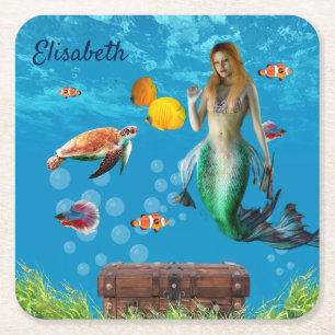 Posavasos Cuadrado De Papel Mermaid subacuático Treasure Hunt Fantasy Blue