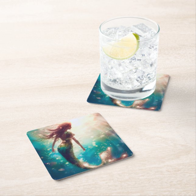 Posavasos Cuadrado De Papel Mermaid theme party custom party coasters (In situ)