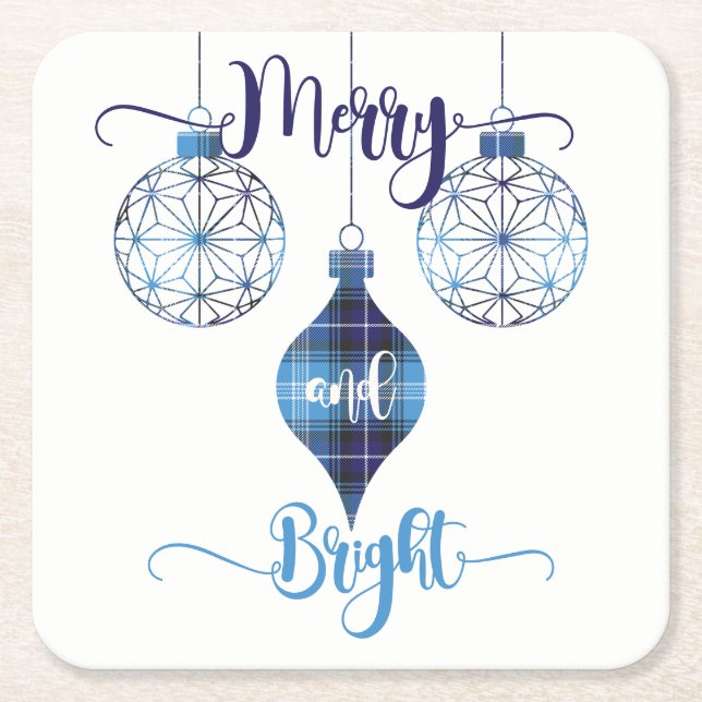 Posavasos Cuadrado De Papel Merry and Bright Blue Plaid Ornament (Anverso)