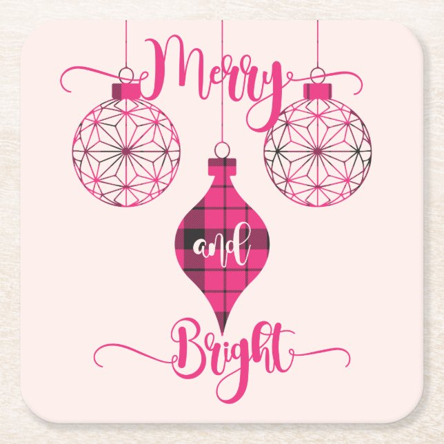 Posavasos Cuadrado De Papel Merry and Bright Pink Plaid Ornament (Anverso)