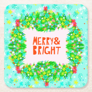 Posavasos Cuadrado De Papel Merry and Bright Wreath