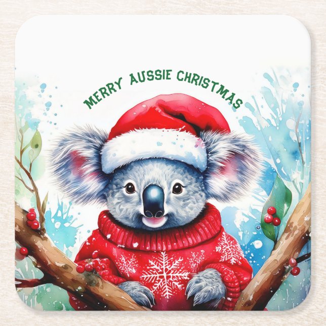 Posavasos Cuadrado De Papel Merry Aussie Navidades Koala (Anverso)