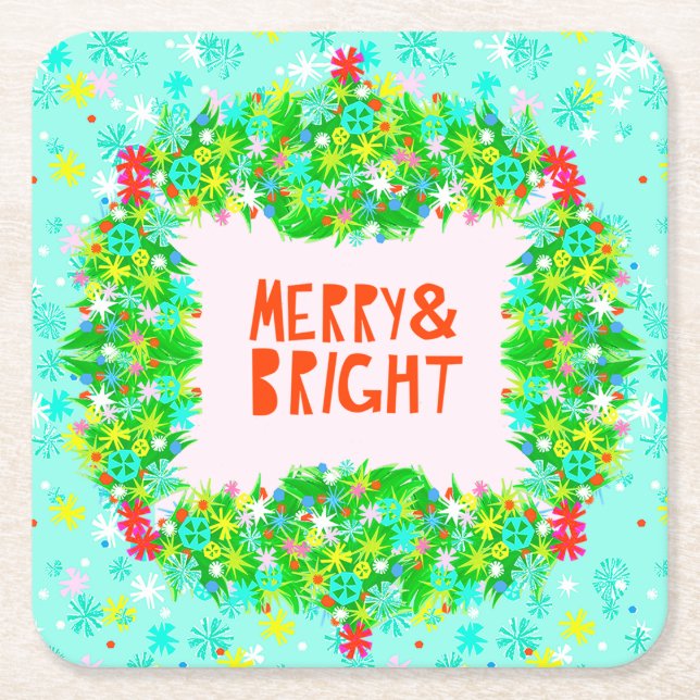 Posavasos Cuadrado De Papel Merry & Bright Wreath (Anverso)