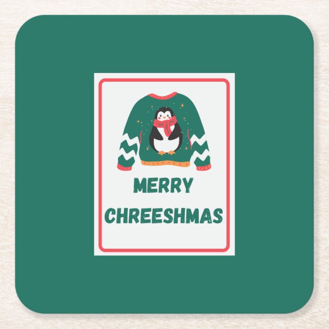 Posavasos Cuadrado De Papel Merry Chreeshmas Penguin Sweater (Anverso)