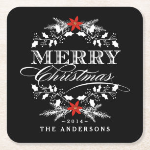 Posavasos Cuadrado De Papel Merry Christmas Chalkboard Holly Wreath Typografí
