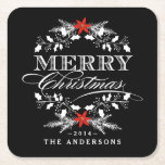 Posavasos Cuadrado De Papel Merry Christmas Chalkboard Holly Wreath Typografía<br><div class="desc">Elegante gallo de cóctel cuadrado de Navidad de Feliz. Guirnalda blanca y escarpada con poinsettia roja y tipografía decorativa con estilo retro de letterpress. Añade tu nombre o texto personalizado para crear un recuerdo personalizado único de keepsake en la tabla de tu fiesta de vacaciones. Perfecto para el entretenimiento festivo....</div>