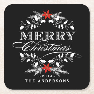 Posavasos Cuadrado De Papel Merry Christmas Chalkboard Holly Wreath Typografía
