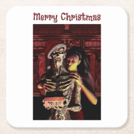 Posavasos Cuadrado De Papel Merry Christmas. Funny skeleton with woman