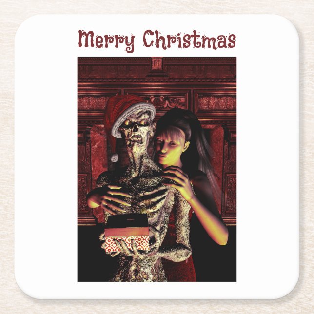 Posavasos Cuadrado De Papel Merry Christmas. Funny skeleton with woman (Anverso)