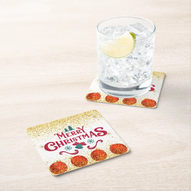 Posavasos Cuadrado De Papel Merry Christmas Holiday Party Glitter (In situ)