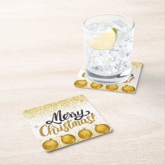 Posavasos Cuadrado De Papel Merry Christmas Holiday Party Glitter (In situ)