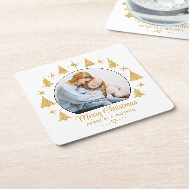 Posavasos Cuadrado De Papel Merry Christmas Merry As A Mother White Gold Photo (En perspectiva)