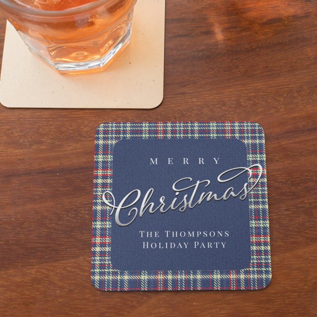 Posavasos Cuadrado De Papel Merry Christmas Naval Blue Calligraphy Script Plan (Merry Christmas navy blue plaid pattern paper coaster)