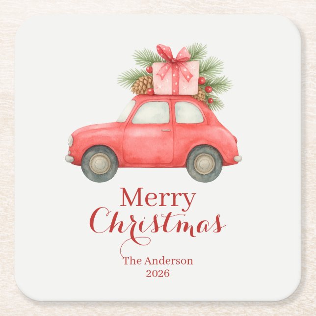 Posavasos Cuadrado De Papel Merry Christmas Red Car – Personalized Holiday  (Anverso)
