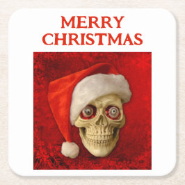 Posavasos Cuadrado De Papel Merry Christmas. Skull wearing Santa hat