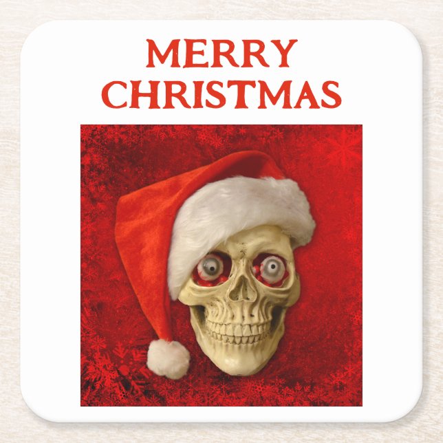 Posavasos Cuadrado De Papel Merry Christmas. Skull wearing Santa hat (Anverso)