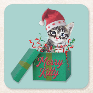 Posavasos Cuadrado De Papel Merry Kitty, Feliz Navidad
