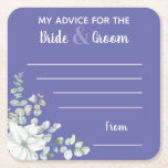 Posavasos Cuadrado De Papel Mi consejo para la novia y el novio púrpura acuare<br><div class="desc">Una pasamanos de papel boda divertida con cuatro líneas blancas para que sus invitados escriban sus pensamientos felices para los recién casados sobre un fondo morado perwinkle con un bonito ramo de flores blancas acuarelas en la esquina inferior izquierda. El pie de foto de arriba de la montaña rusa dice...</div>