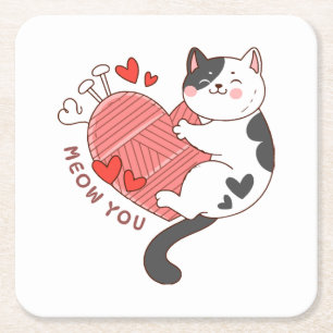Posavasos Cuadrado De Papel Miau eres gato lindo día de San Valentín