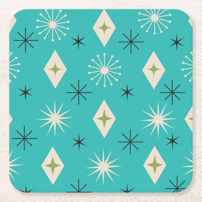 Posavasos Cuadrado De Papel Mid Century Atomic Stars with diamonds on Teal  (Anverso)