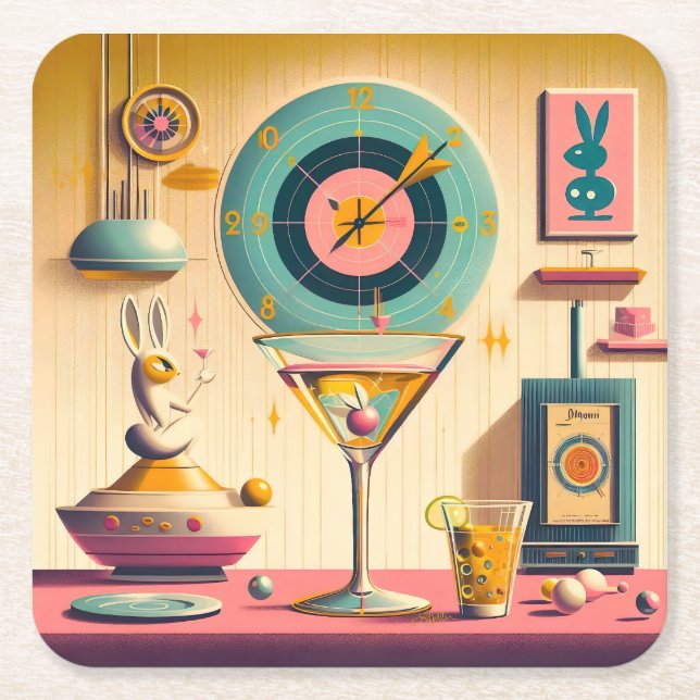Posavasos Cuadrado De Papel Mid Century Atómico Futurista Conejo Martini (Anverso)