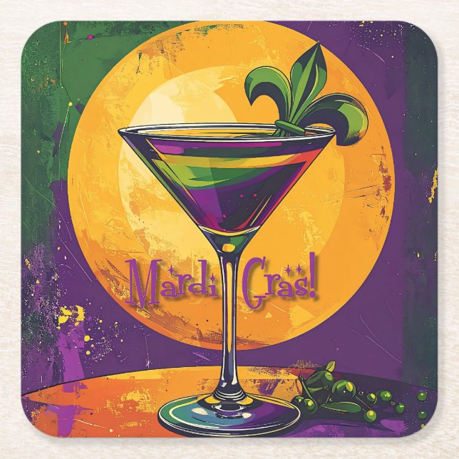 Posavasos Cuadrado De Papel Mid Century Mardi Gras Sunset Fleur De Lis Martini (Anverso)