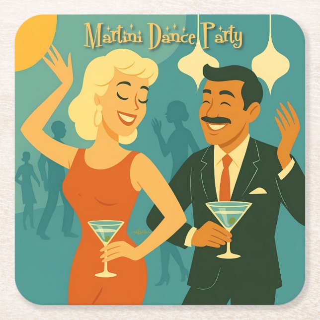 Posavasos Cuadrado De Papel Mid Century Martini Dance Party (Anverso)