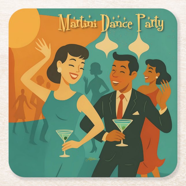 Posavasos Cuadrado De Papel Mid Century Martini Dance Party (Anverso)