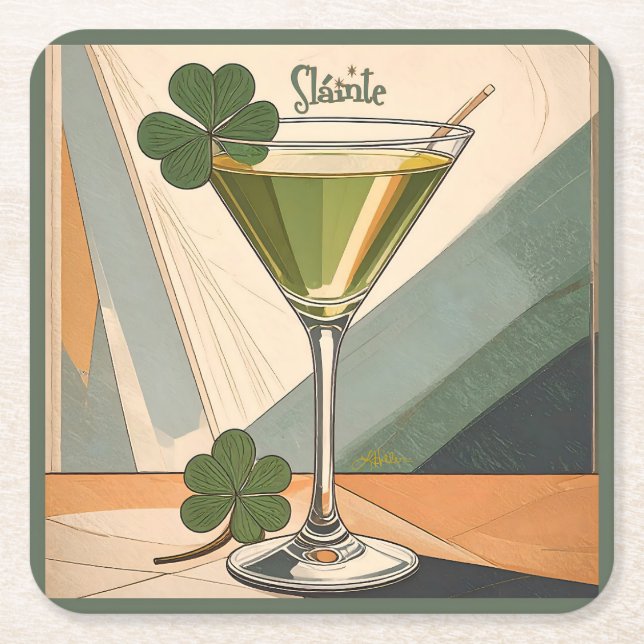 Posavasos Cuadrado De Papel Mid Century Modern Art Shamrock Martini Sláinte!  (Anverso)