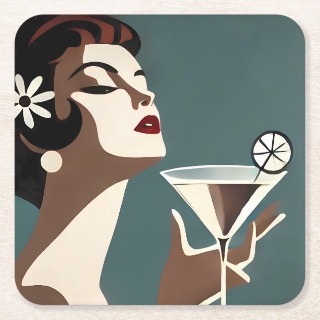 Posavasos Cuadrado De Papel Mid Century Modern Art The Martini DIva (Anverso)