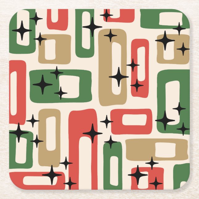Posavasos Cuadrado De Papel Mid Century Modern Atomic Christmas (Anverso)